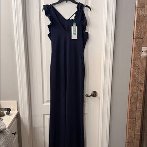 Navy Ruffle-Shoulder Jumpsuit - Unbranded